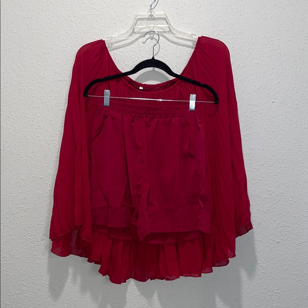Elegant Red Women's Top and Shorts Set
